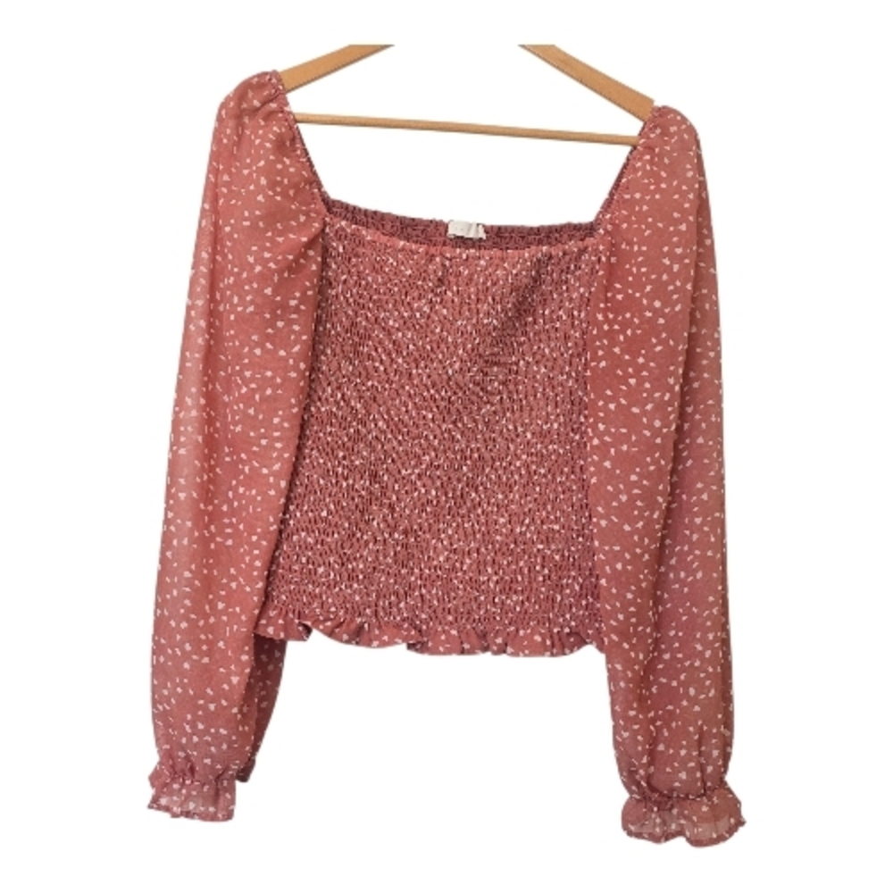 Lush Reyna Smocked Sheer Sleeve Y2K Milkmaid Blouse XL Rose Pink Polk A Dot